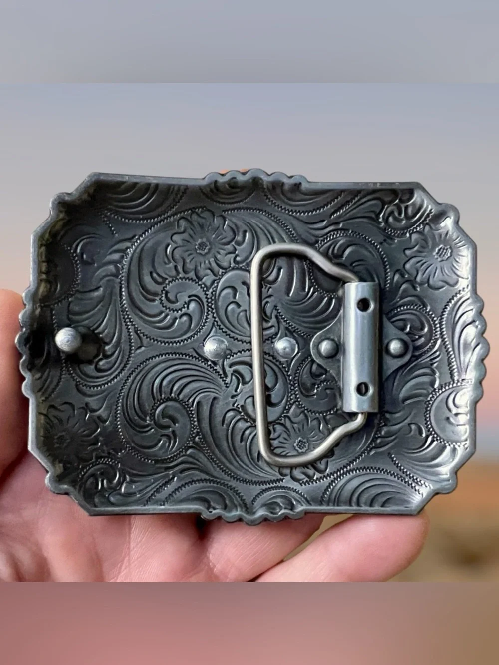 Detailed Silver Engraved Horse/Western Unisex Clip-On Belt Buckle